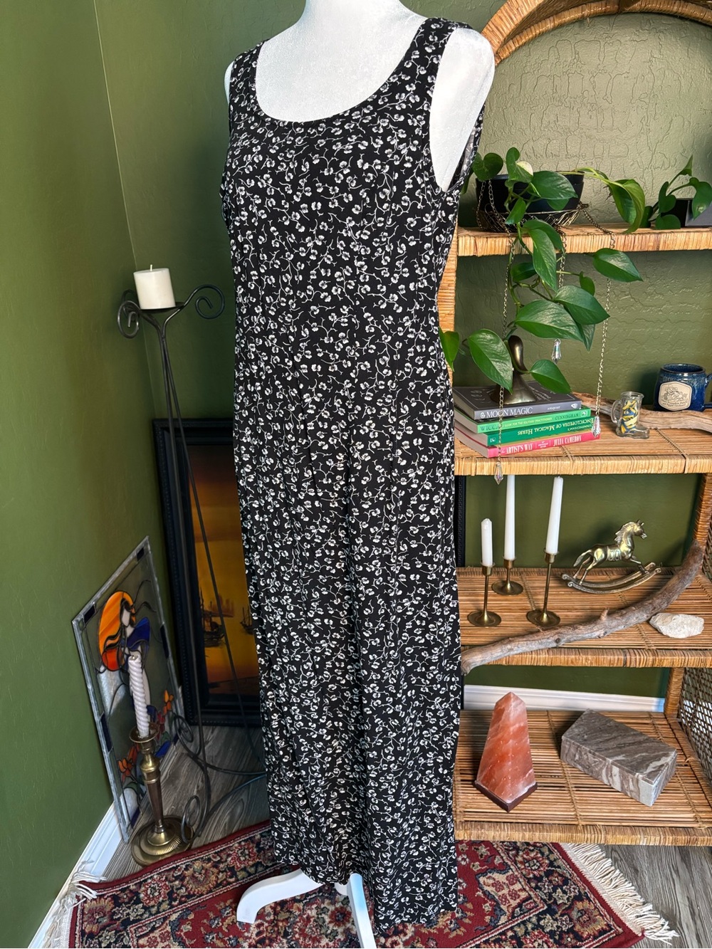 VTG Black Floral 90s Tank Sleeveless Midi Dress